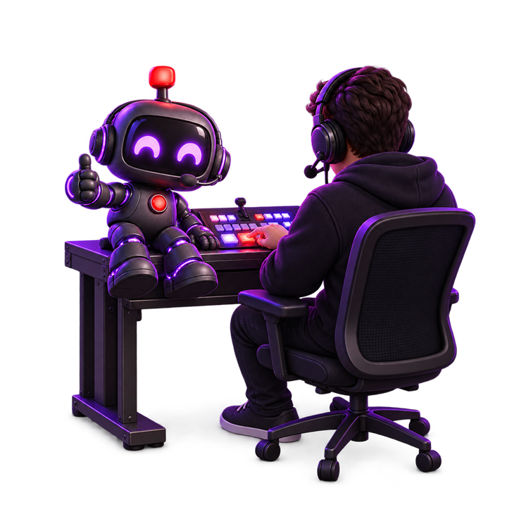 A crew member presses TAKE on the vision mixer while the Hub robot gives a thumbs up