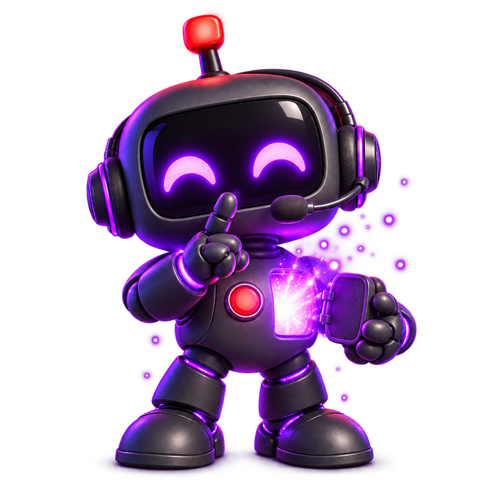 The Hub robot holds a finger to its visor while violet light pours from an open hatch in its chest