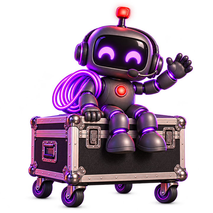 The Hub robot rides a flight case, waving